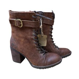 BORN Brown Lace Up Inside Zip‎ Block Heel Buckle Accent Boots with Rugged Sole 6